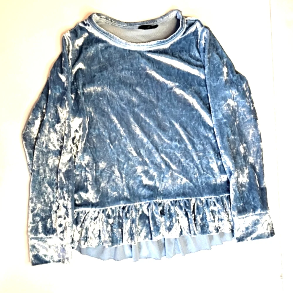 Pixielane Girls Silver Blue Velvet Long Sleeve Ruffle Hem Top Size 5